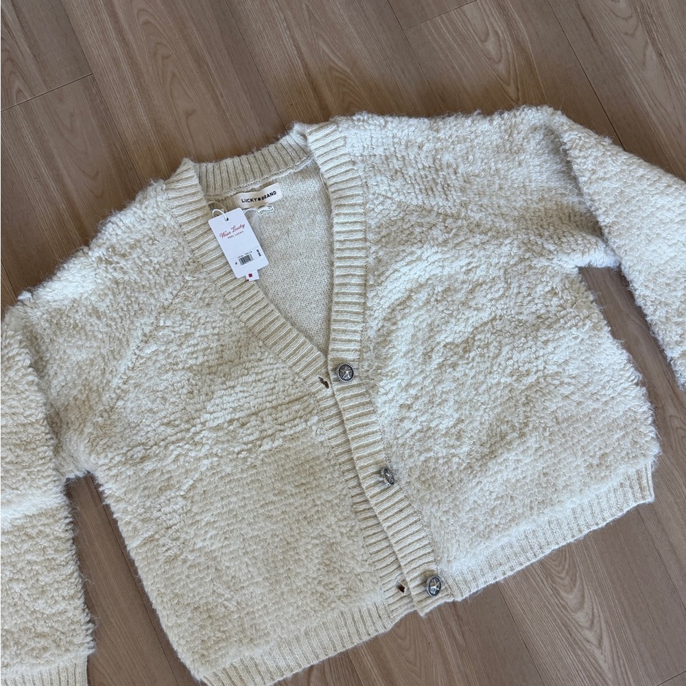 Lucky Brand Cream Bouclé Button-Front Cardigan Sweater NWT